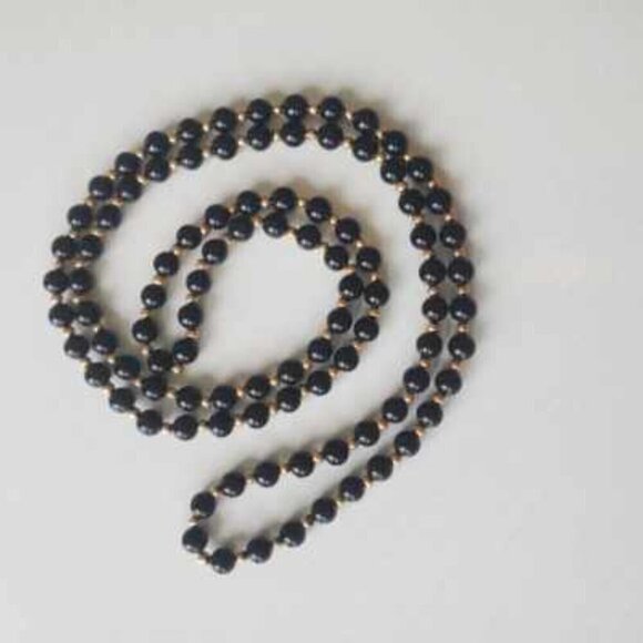 VICTORIAN BLACK ONYX &14K Yellow GOLD Beaded STRAND Necklace Antique f/ 1800's - Picture 5 of 8